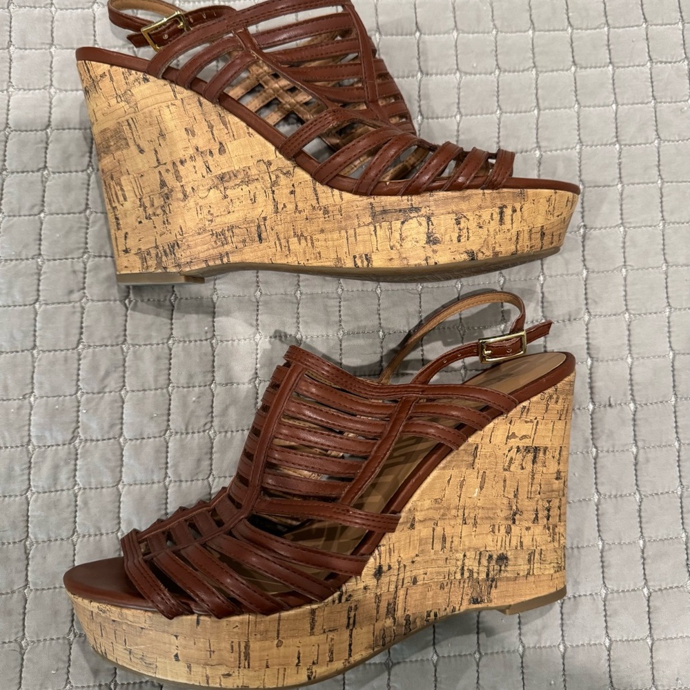 Franco Sarto Women’s Brown Cork Wedge Sandals - Strappy Platform Heels